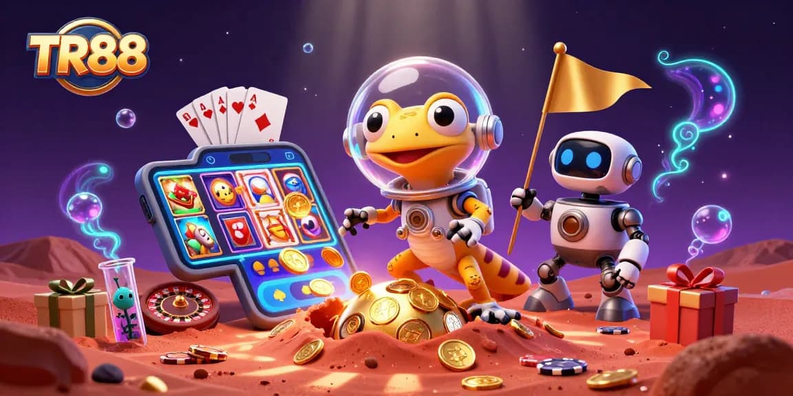 TR88 players celebrating a jackpot by a hidden casino on Mars, surrounded by vibrant gaming elements.