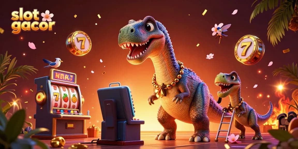 Engage with slot gacor as a 3D cartoon brontosaurus interacts with slot machine elements in a vibrant casino scene.