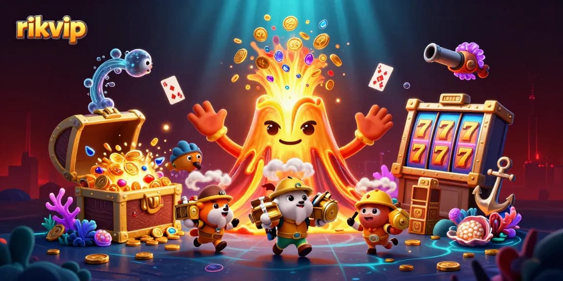 Experience the thrill of rikvip with a vibrant display of casino elements and animated treasure characters.