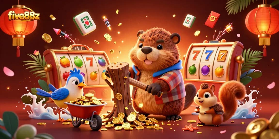 Engage with five88z through a vibrant 3D casino scene showcasing festive elements and lucky coins.