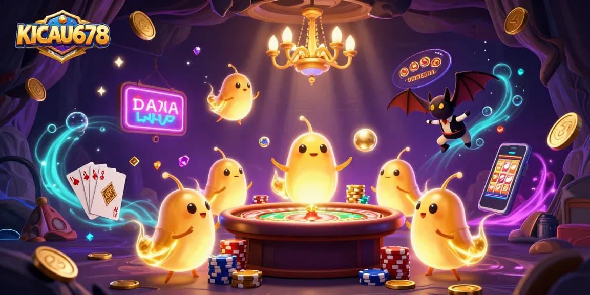 KICAU678 illuminates a vibrant casino with animated glowworms and a bat dealer.