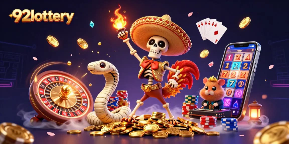 Experience the thrill of 92lottery with a vibrant casino scene depicting a dancing skeleton rooster and treasures.
