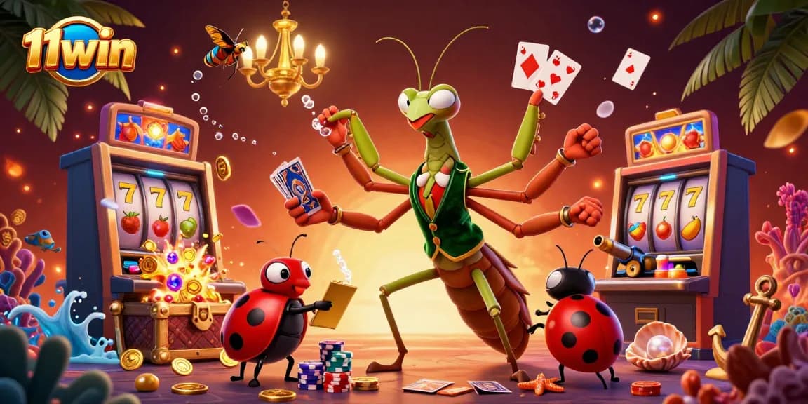 Experience the thrill of 11win with vibrant slot machines and animated characters in a dynamic casino environment.