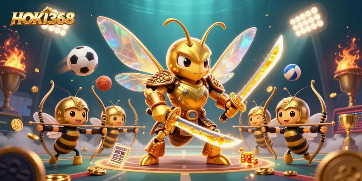 Bet big on HOKI368 with this vibrant 3D scene featuring a golden hornet samurai and sports elements.
