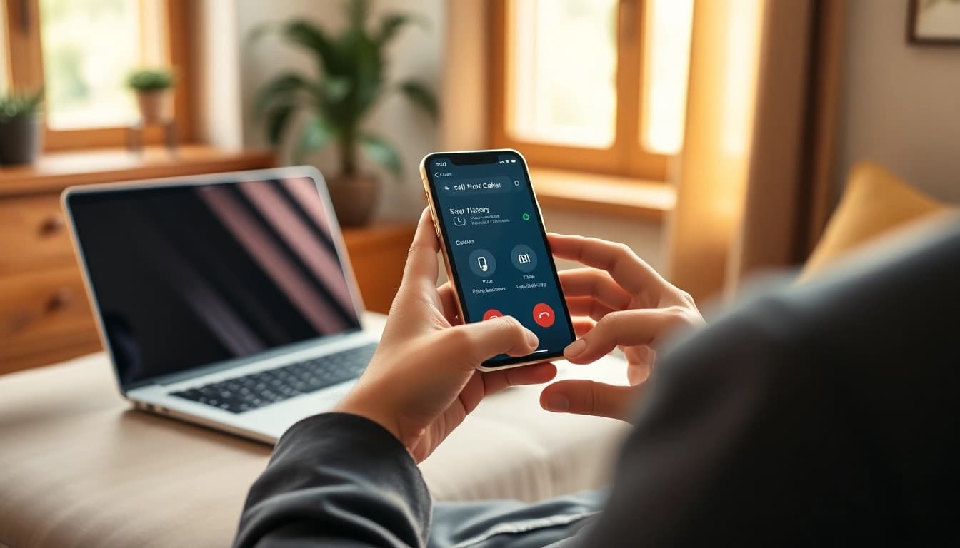 Identify whose number is this using a smartphone in a modern office setting.