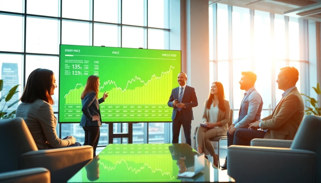 Analyze uk business electricity price per kwh 2026 trends with professionals in an office environment.
