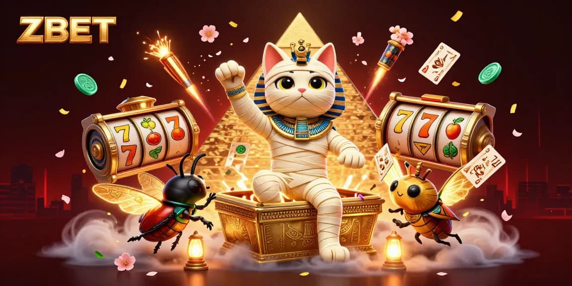 Experience the excitement of ZBET with a captivating Egyptian casino scene featuring a mummy cat and symbols of fortune.