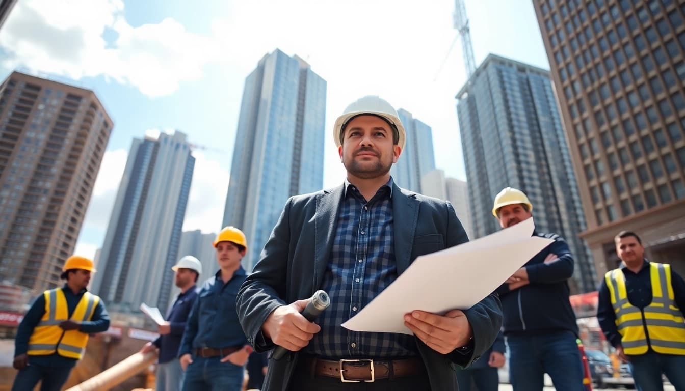 Showcasing Manhattan Commercial General Contractor overseeing a bustling construction site with skyscrapers in the background.