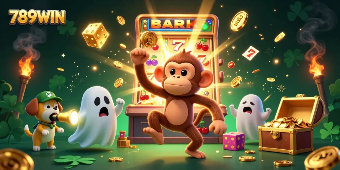 Join the excitement at 789WIN with a playful ghost and golden jackpot delights in a lively casino scene.