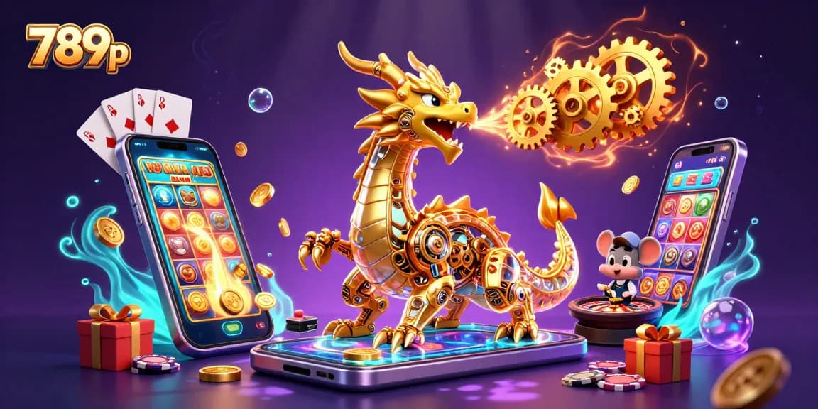 Engage with the lively scene of 789p, featuring a golden dragon and a smartphone slot game surrounded by shimmering coins.