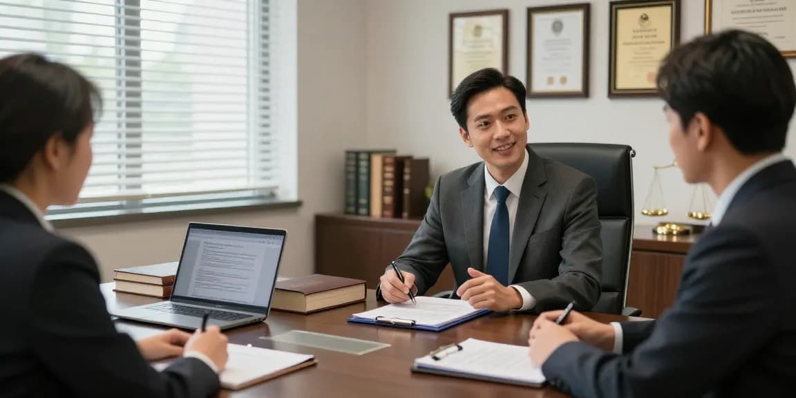 He said during a consultation in a professional law office, showcasing a confident lawyer and engaged client.