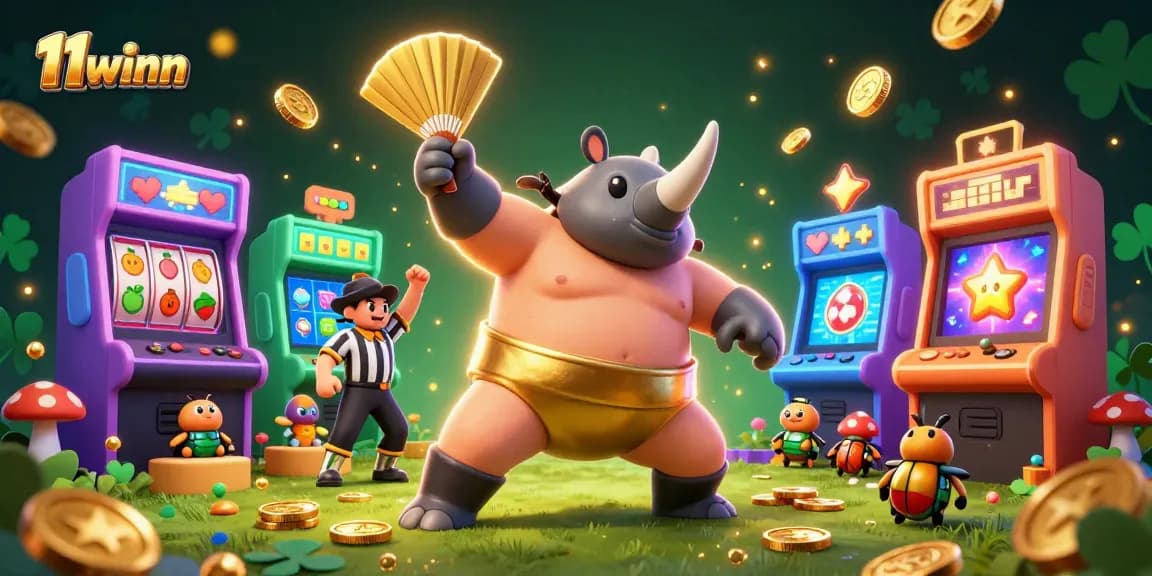 Engage in winning games at 11winn with vibrant casino-themed illustration featuring beetle champions.