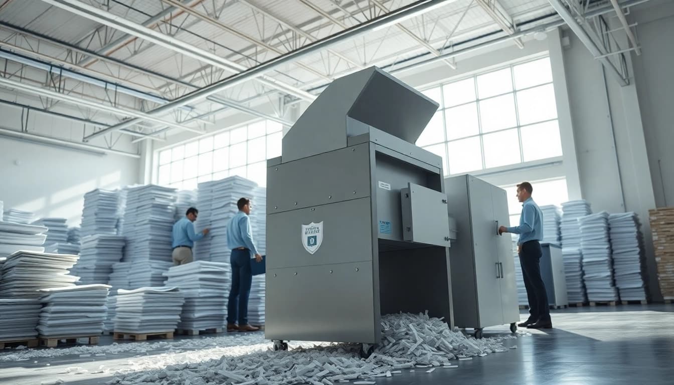 Secure shredding Cleveland Ohio in a professional facility with an industrial shredder and organized documents.