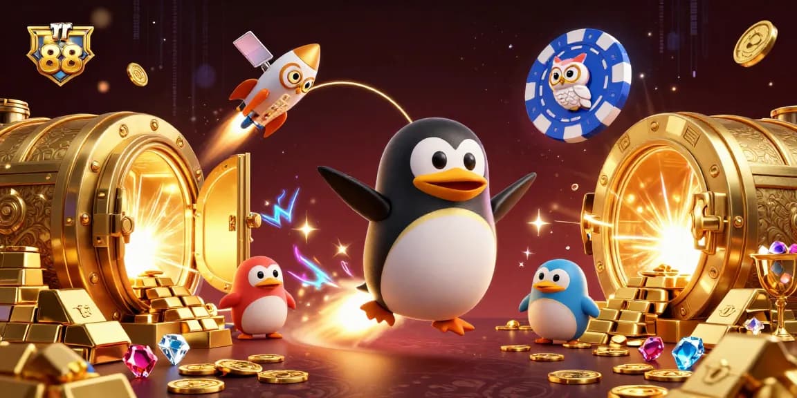 Win at rr 88 with a vibrant casino journey featuring golden treasures and a stellar penguin.