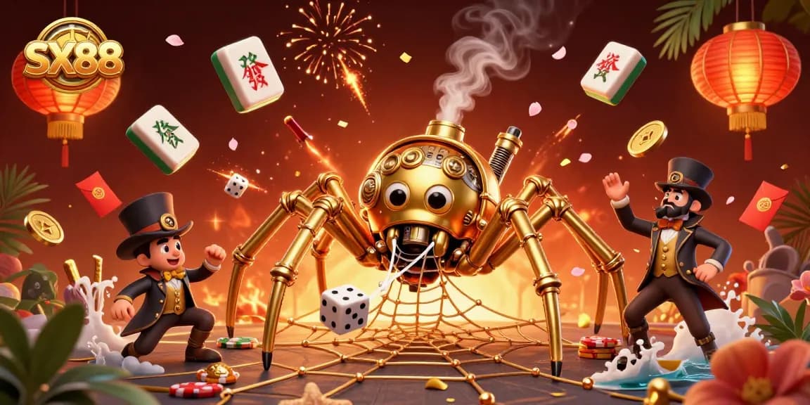 SX88 engages players with an entertaining scene featuring a steampunk spider weaving a web with poker elements and dice.
