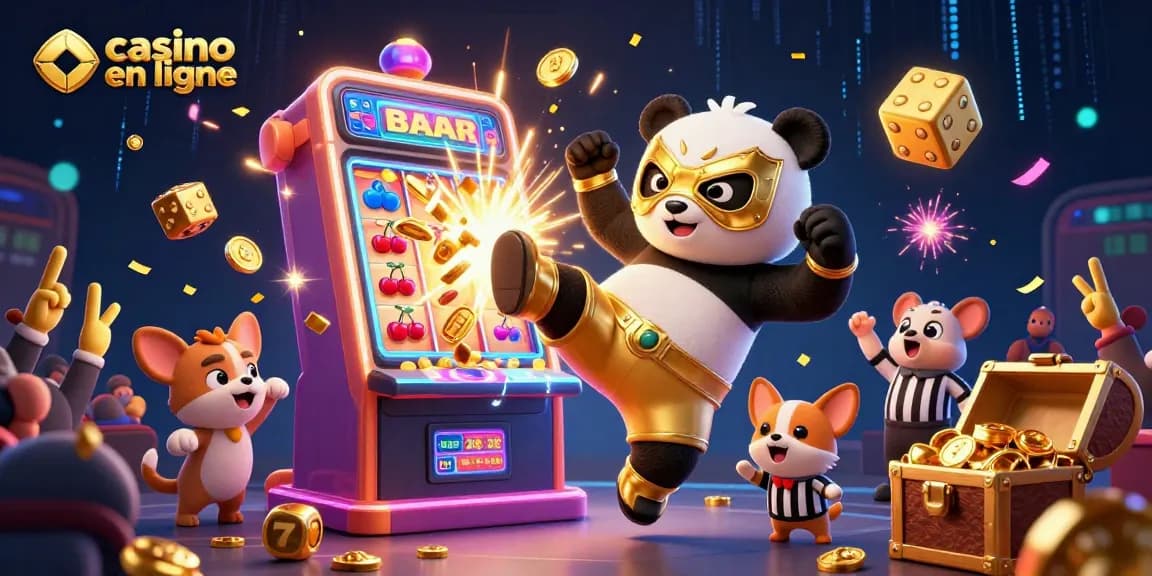 Découverte des jeux de casino en ligne et des jackpots avec un panda lutteur en action.