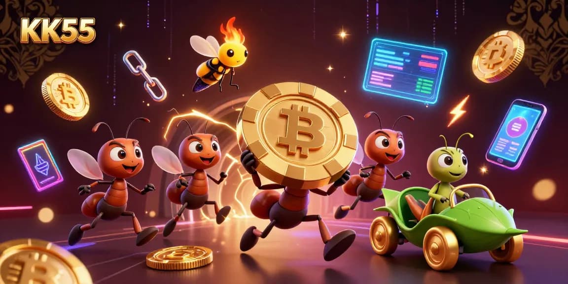 KK55 ants heist carrying a giant poker chip surrounded by crypto elements in a vibrant casino scene.