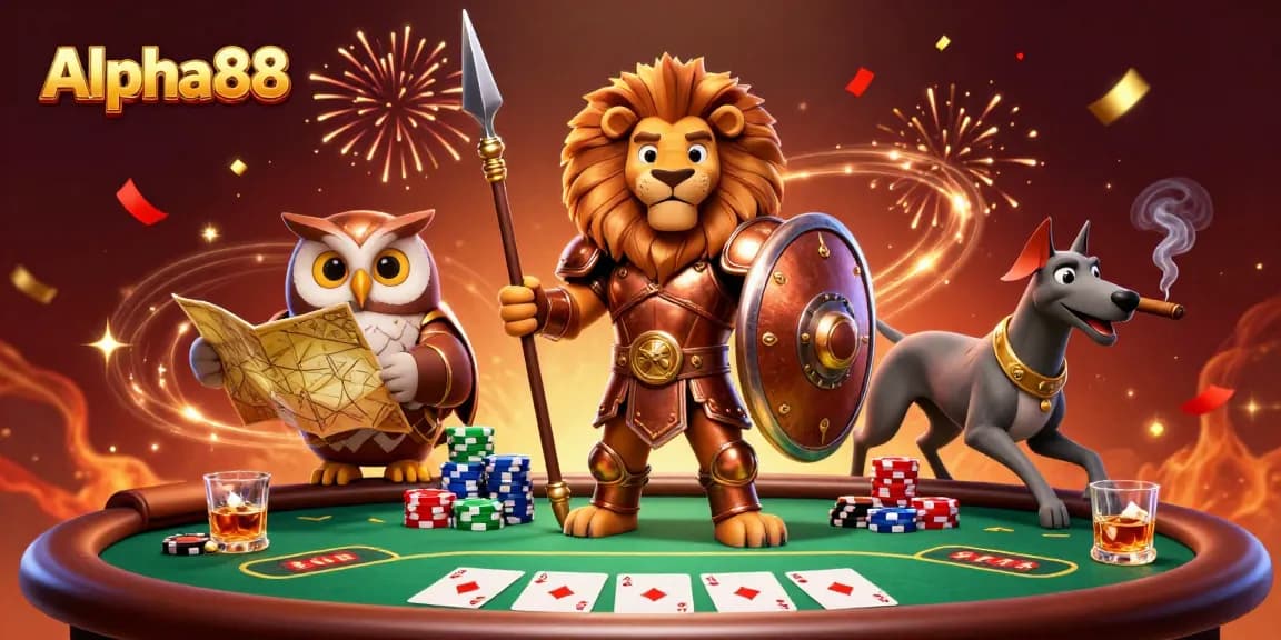 Engage in thrilling gameplay with Alpha88, where a Spartan lion leads poker champions amidst vibrant celebrations.