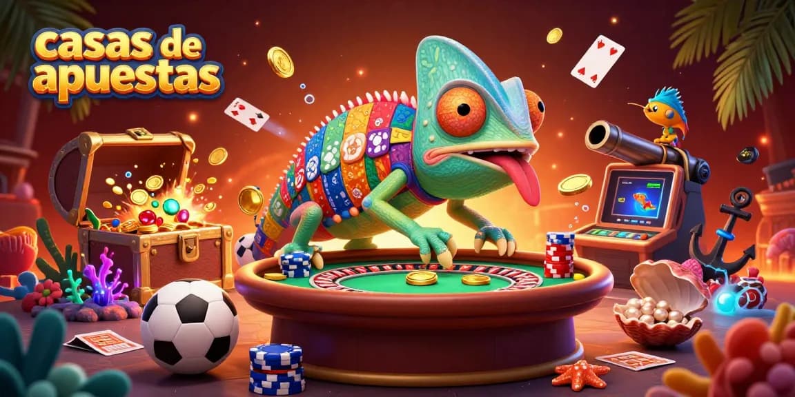Visualiza las casas de apuestas con un camaleón de casino y elementos de apuestas deportivas flotantes.