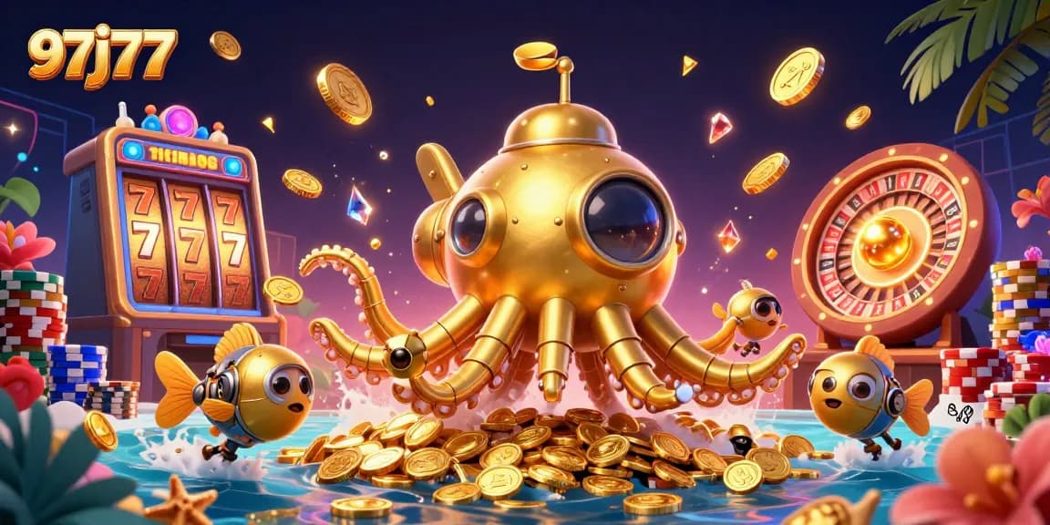 Experience the excitement of 97j777 with a vibrant scene showcasing a kraken submarine amidst golden coins.