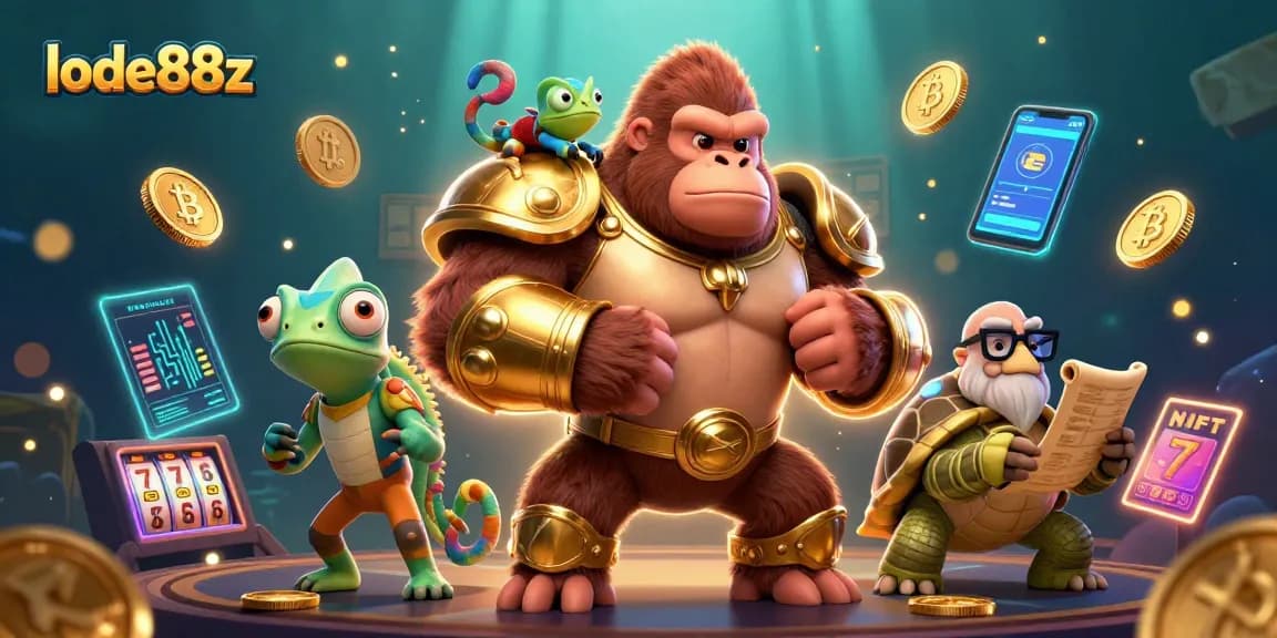 Lode88z features a powerful gorilla king and friends in a vibrant casino scene full of gambling elements.