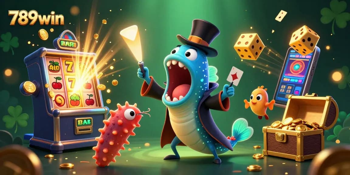 Engage in thrilling casino action with the 789win branded illustration, showcasing exciting games and characters.