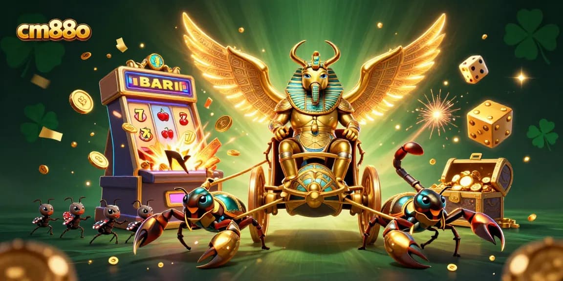 Engage with cm88o casino adventures featuring a colossal beetle and vibrant slot elements.