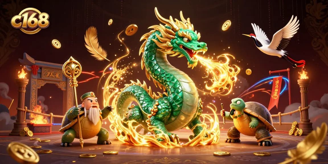 Experience the excitement of c168 with a powerful jade dragon and lucky cranes in action.