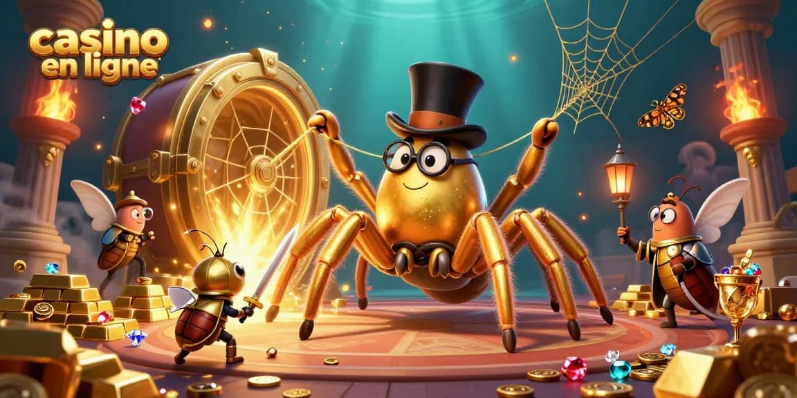 Une illustration 3D animée d'une tarentule dorée au casino en ligne, avec des trésors étincelants.