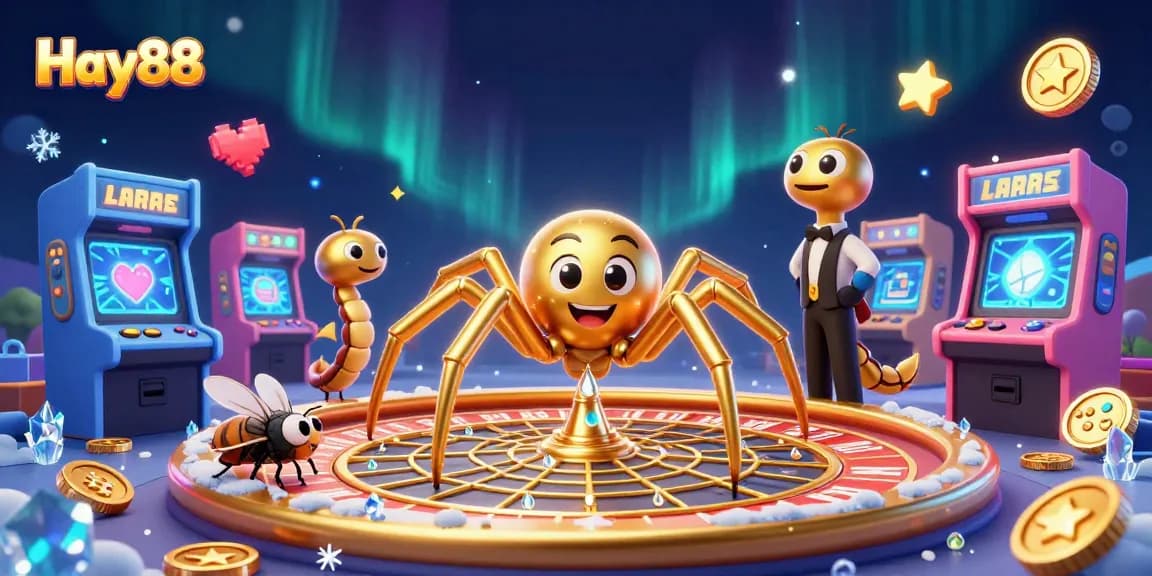 Experience thrilling bets at Hay88 with a colorful 3D scene of a roulette wheel and playful characters.