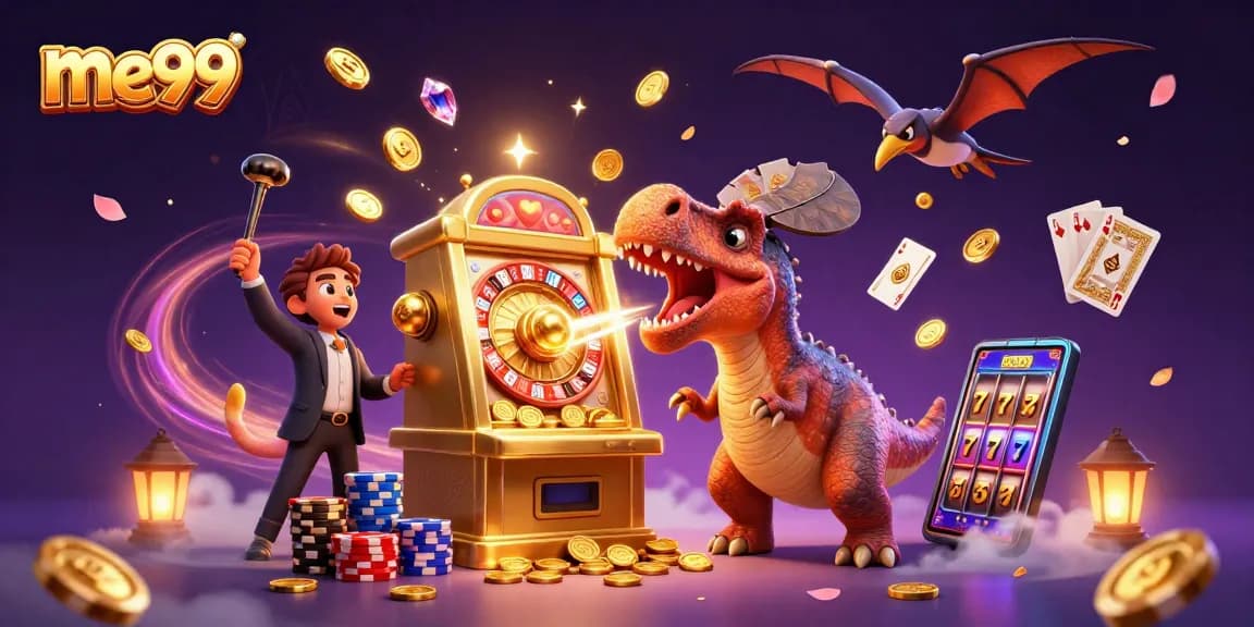 Experience me99's vibrant casino jungle as dinosaurs collide with jackpots and coins fly!