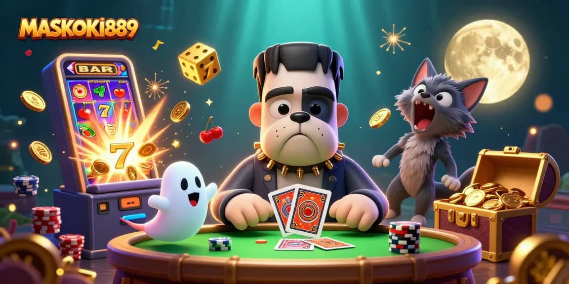 Experience thrilling gaming action at MASKOKI889 with vibrant 3D cartoon casino elements.
