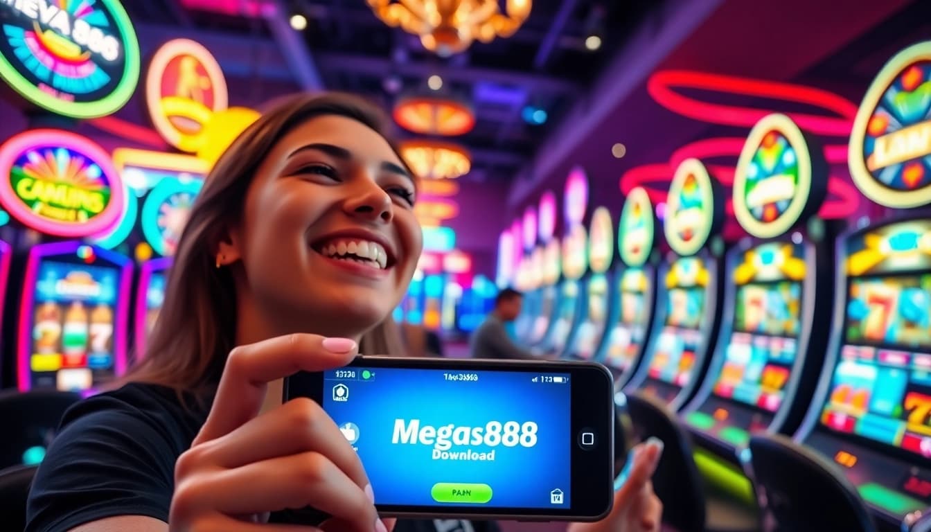 Mega888 download di telefon pintar dalam suasana kasino yang meriah.