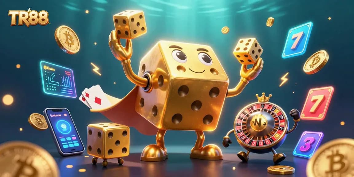TR88 brings excitement to gaming with golden dice, slot reels, and vibrant crypto elements.