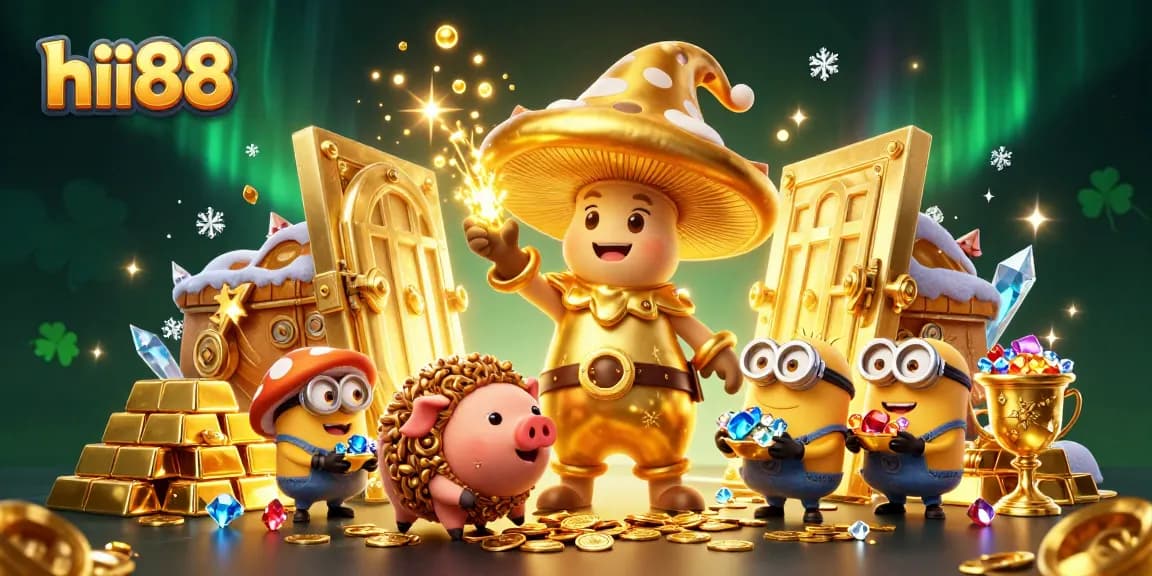 Experience thrilling wins with hii88 in a vibrant casino treasure scene full of magical treasures and gems.