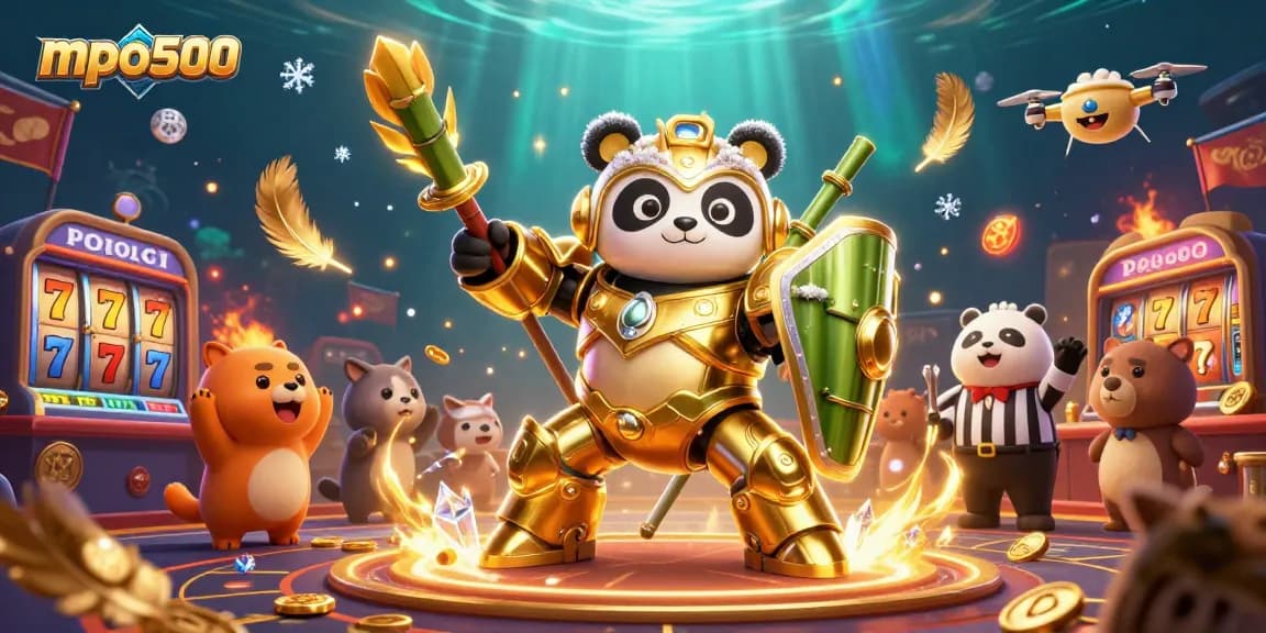 Experience excitement at mpo500 in a vibrant 3D casino showdown with a golden panda mech.