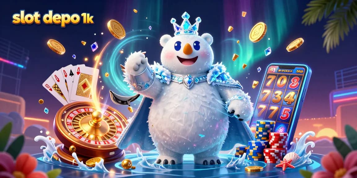 Win big with slot depo 1k as gold coins fly around a polar bear and fox in a vibrant casino scene.