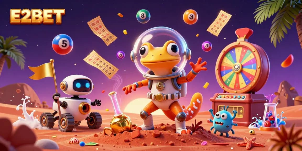 E2BET shows a Martian gecko exploring a golden casino, surrounded by vibrant lottery elements