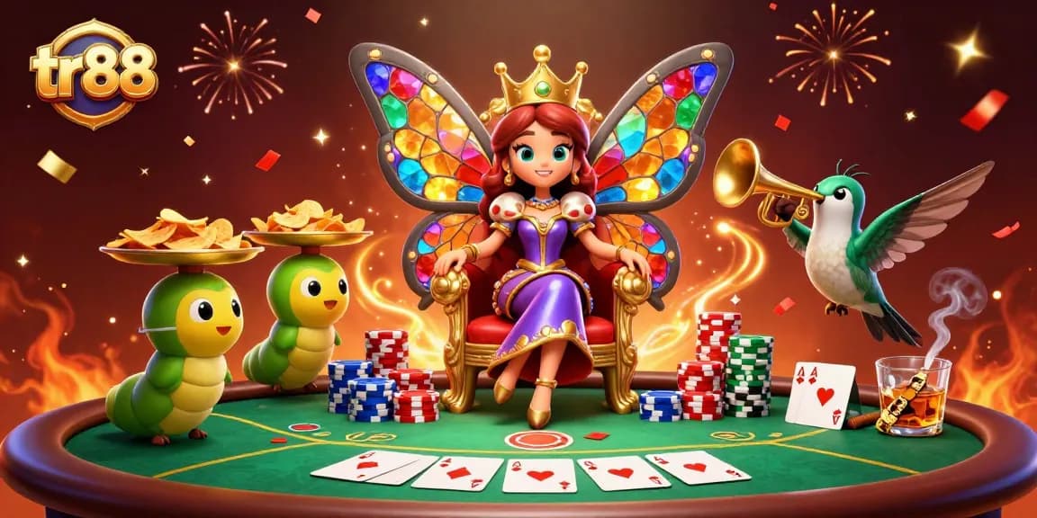 Experience exciting gaming at tr88 with a vibrant scene featuring a butterfly queen and poker elements.