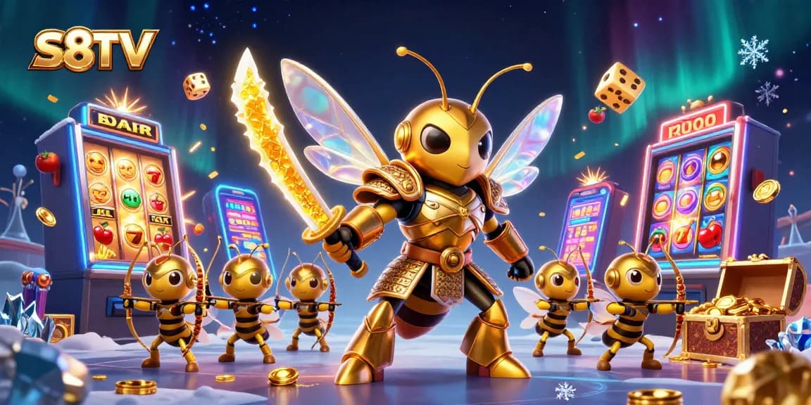 S8TV showcases thrilling online gambling with vibrant slot machines, golden coins, and animated characters in a dynamic casino scene.