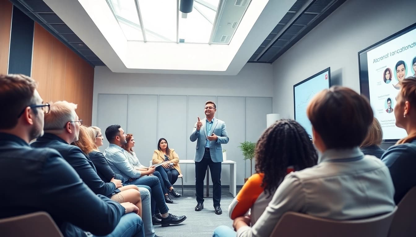 Engaging executive communication coach guiding participants in a professional setting.