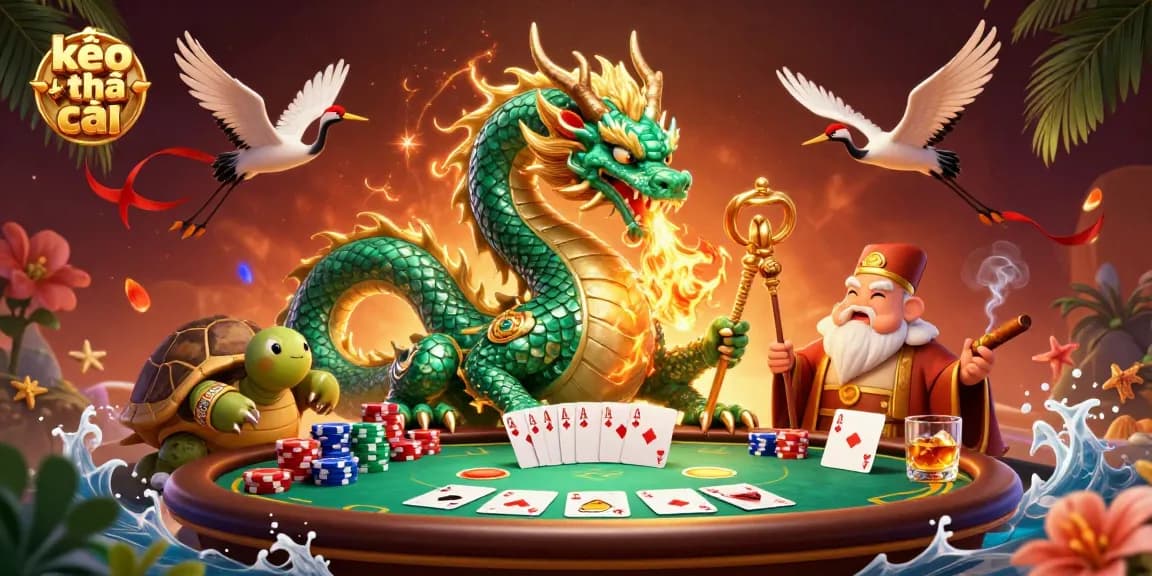 Engage with kèo nhà cái through a dynamic poker scene featuring dragons and turtles in a vibrant 3D illustration.
