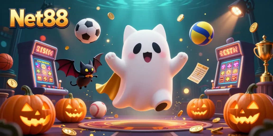 Experience the thrilling world of Net88 in a vibrant haunted casino scene with ghost cat and sports elements.
