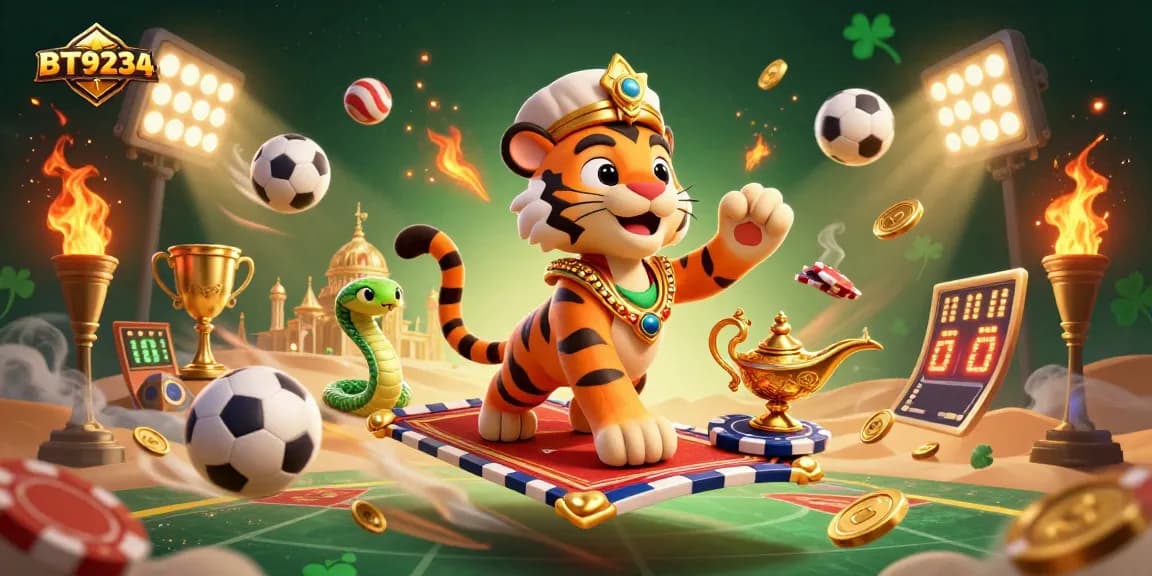 Engage with BTY9234's vibrant 3D casino scene featuring a tiger sultan and magic lamp.