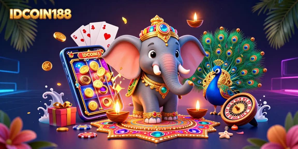 IDCOIN188 players engaging with colorful slot games and vibrant casino elements in an immersive scene.