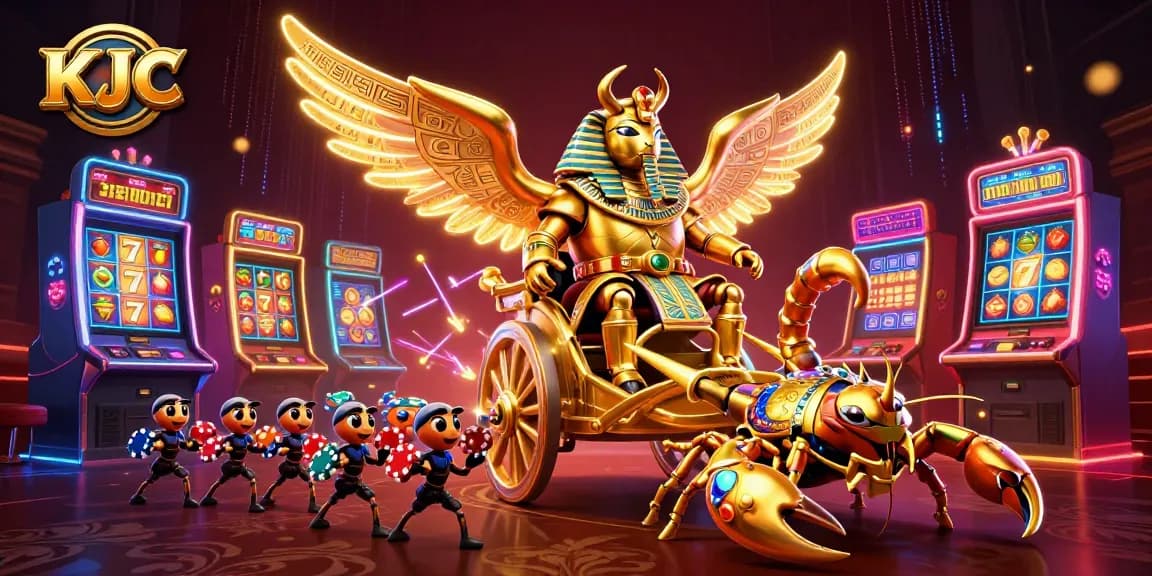 Experience thrilling jackpots at KJC with a stunning illustration of a pharaoh beetle and vibrant gaming elements.