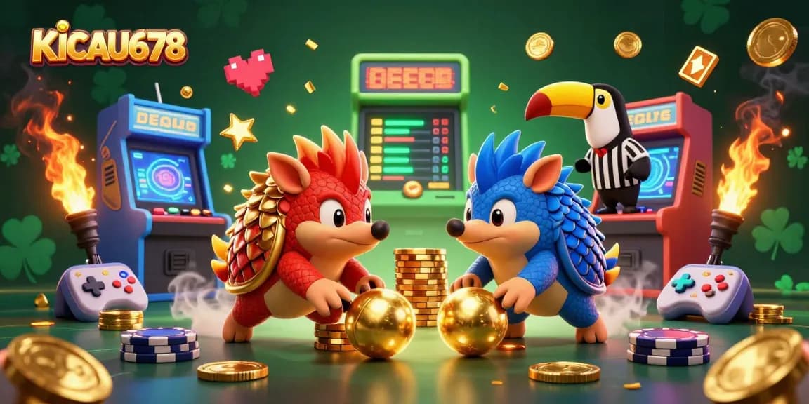 KICAU678 pangolins enjoy a thrilling casino game, rolling golden balls and amidst poker chips in a vibrant 3D scene.