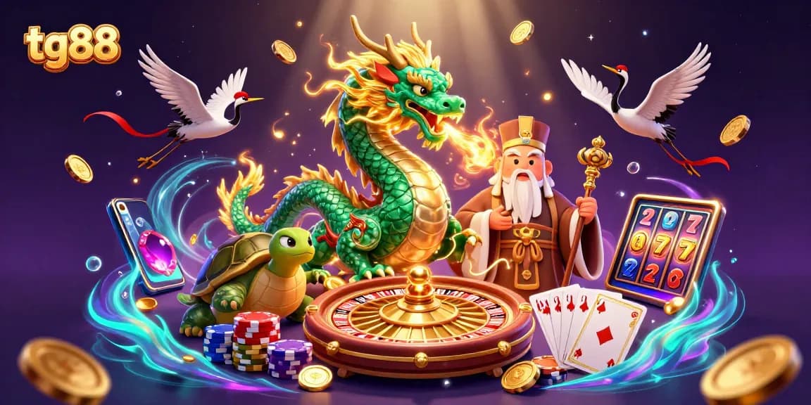 Experience the thrilling action with tg88's vibrant casino elements, featuring a dragon and sage in a dynamic scene.