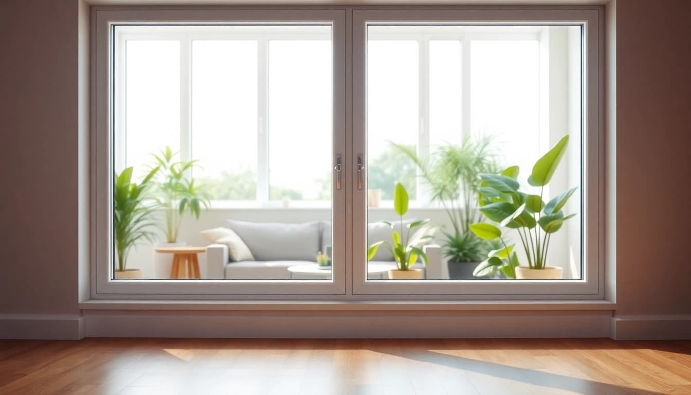 View of double glazed windows showcasing energy efficiency and modern design in a bright living space.