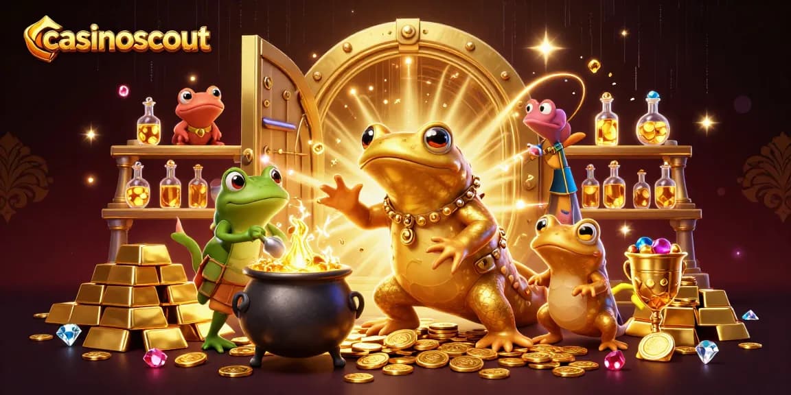Casinoscout reveals a vibrant 3D scene of a golden alchemist transforming metals into treasures.